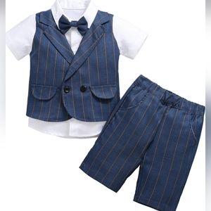 2 piece pinstripe shorts set with removable bow tie